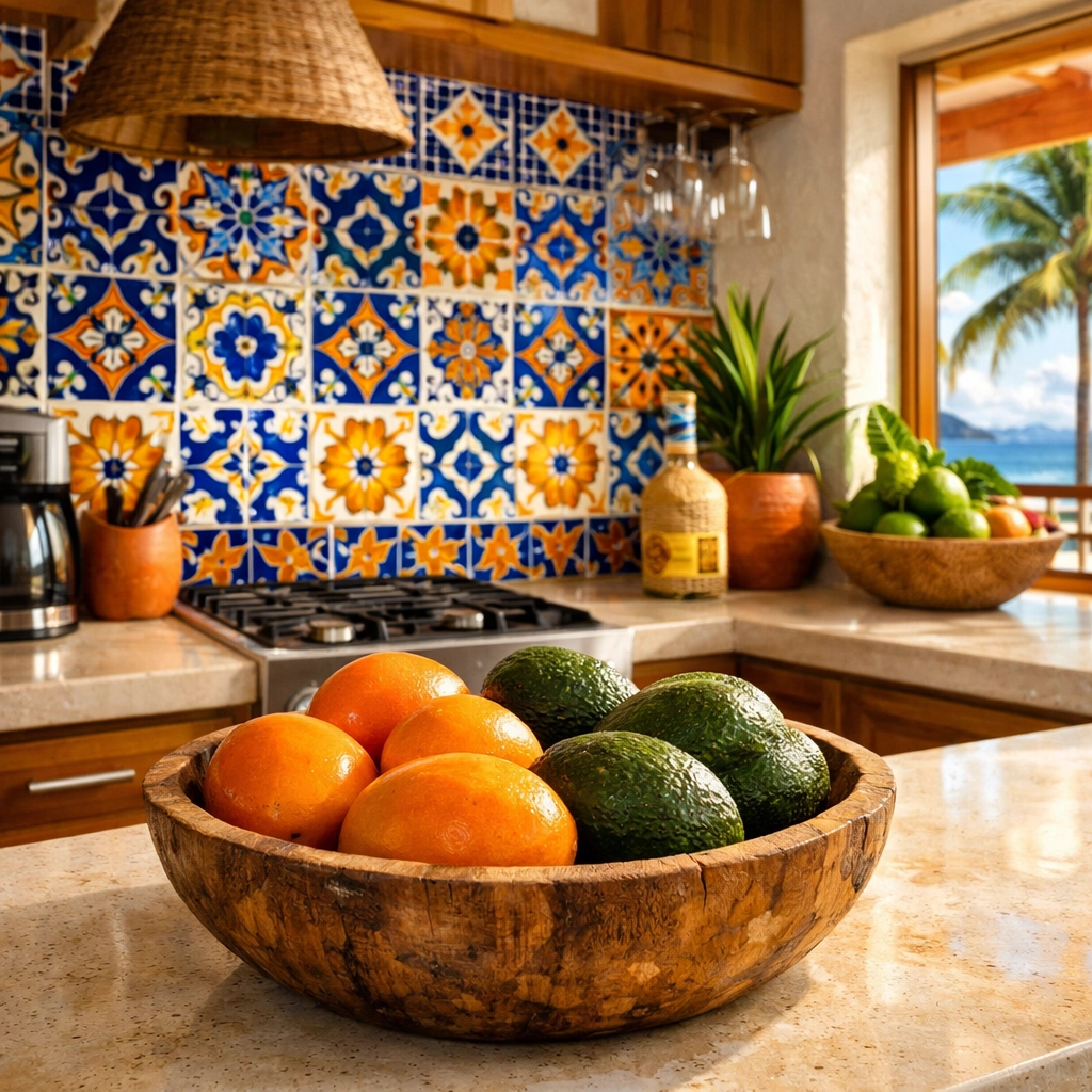 Bright Puerto Vallarta rental condo kitchen featuring a colorful Mexican tile backsplash and fresh tropical fruit.