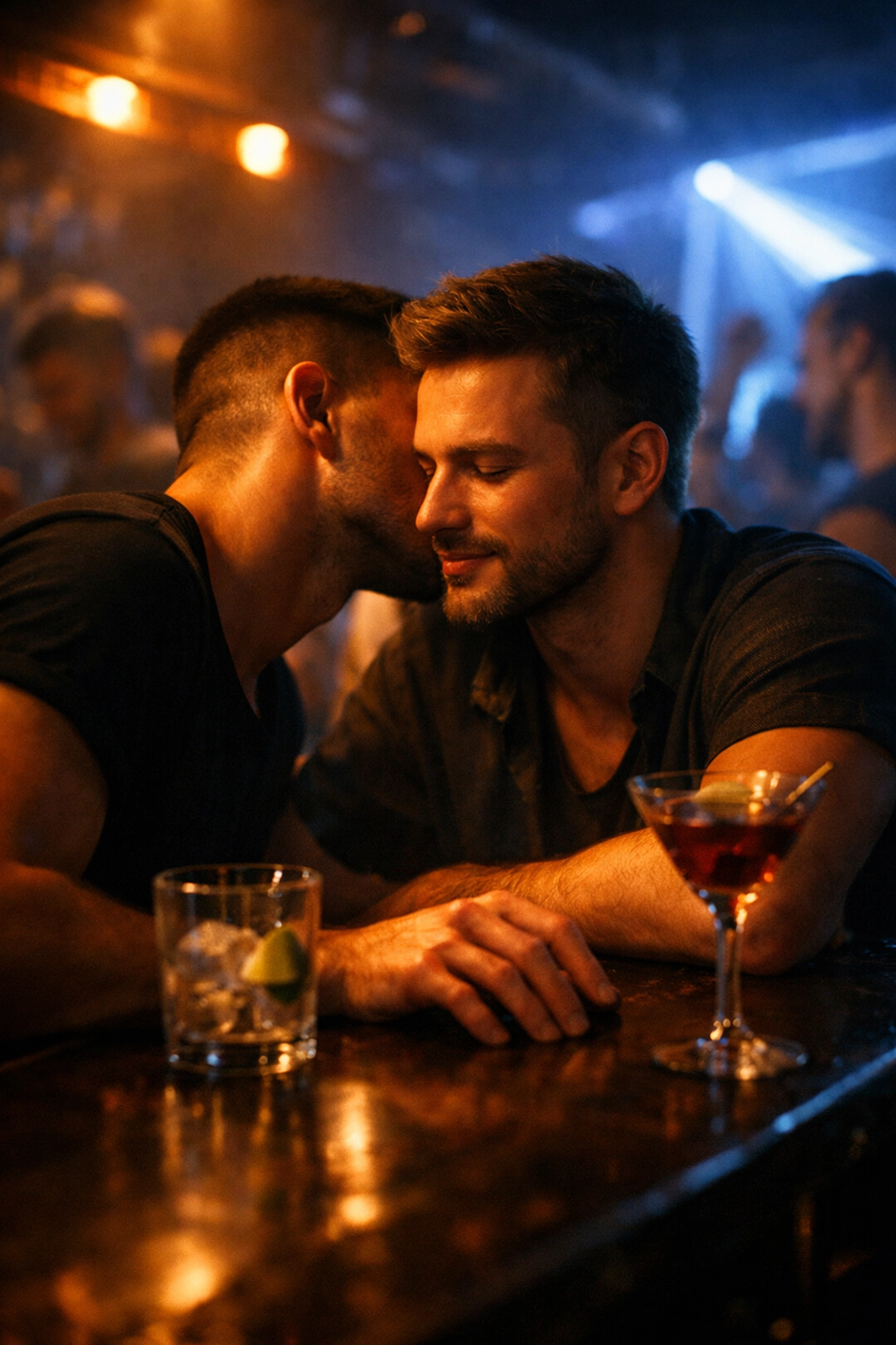 Two men in intimate conversation at gay bar counter, MM romance connection building