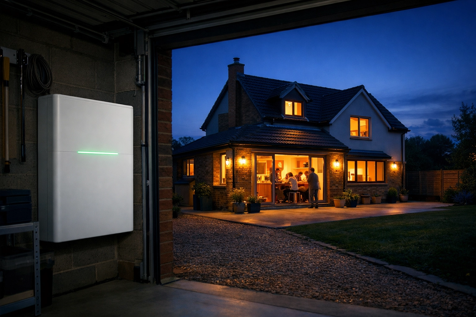Modern home with a solar battery storage UK system installed in an organized garage at twilight.