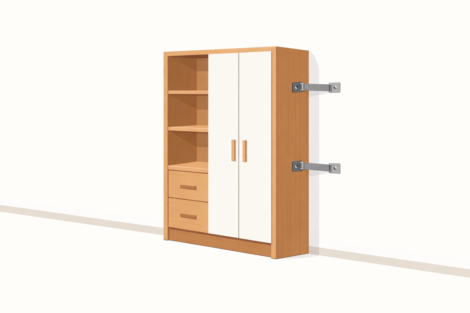 Bookshelf properly anchored to wall with safety brackets to prevent tip-over accidents