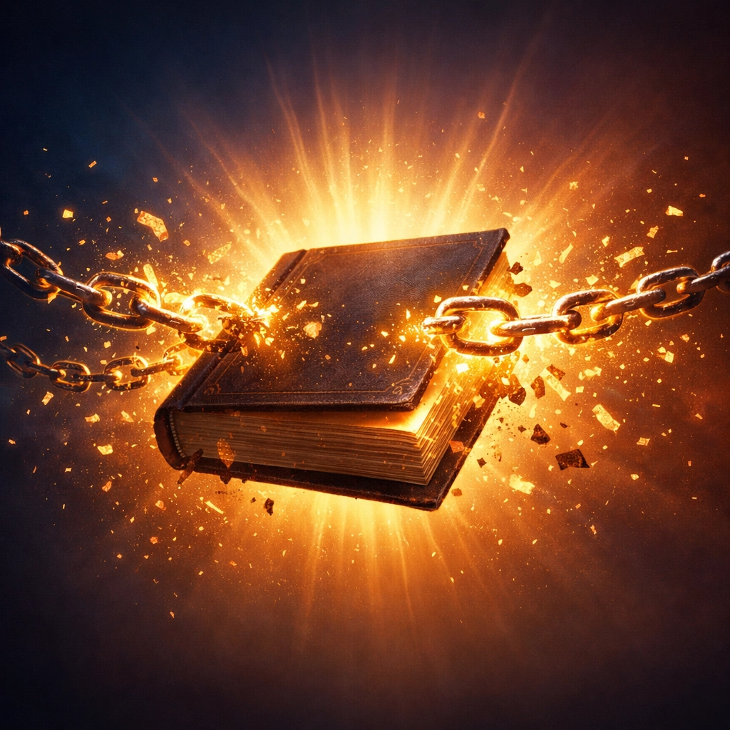 Book breaking free from chains symbolizing author reclaiming publishing rights