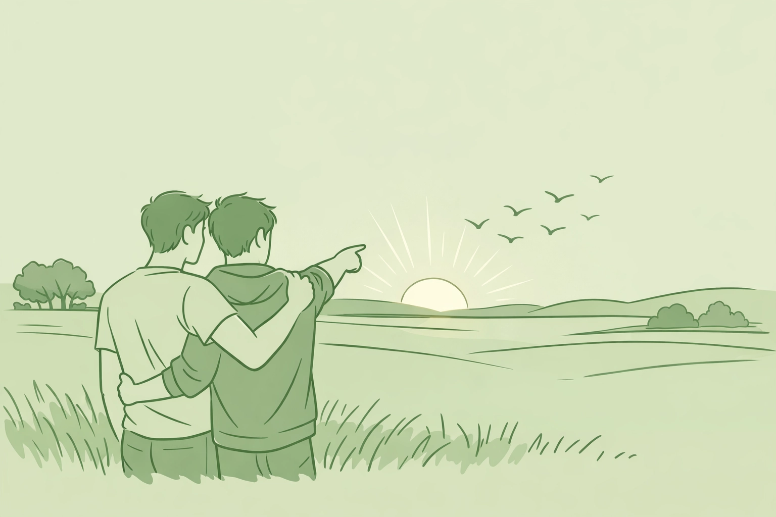 Gay couple watching birds take flight at sunrise, hope and future in conservation