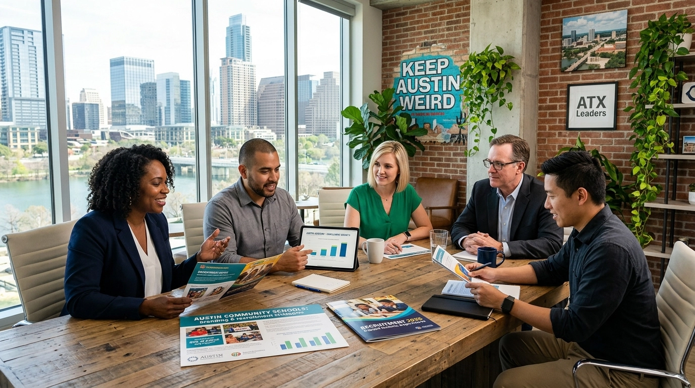 Professional community leaders collaborating on branding and recruitment strategies for Austin education.