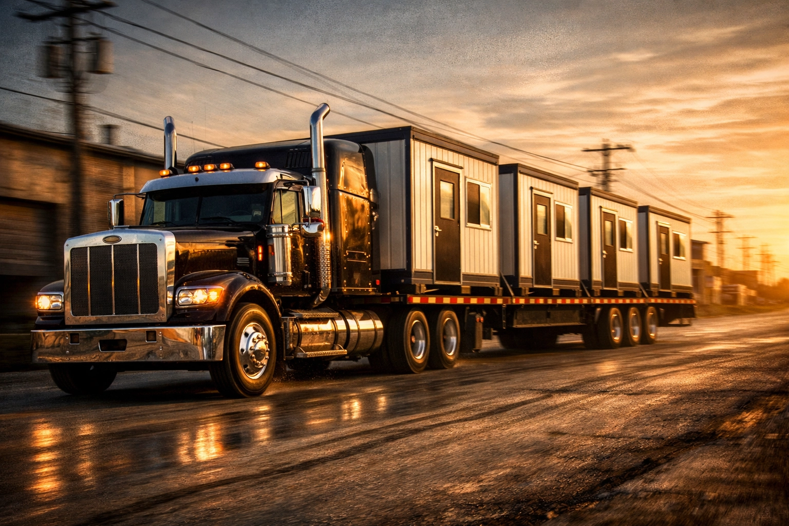 Flatbed truck delivering units for same-day porta potty rental in Fort Wayne and surrounding areas.