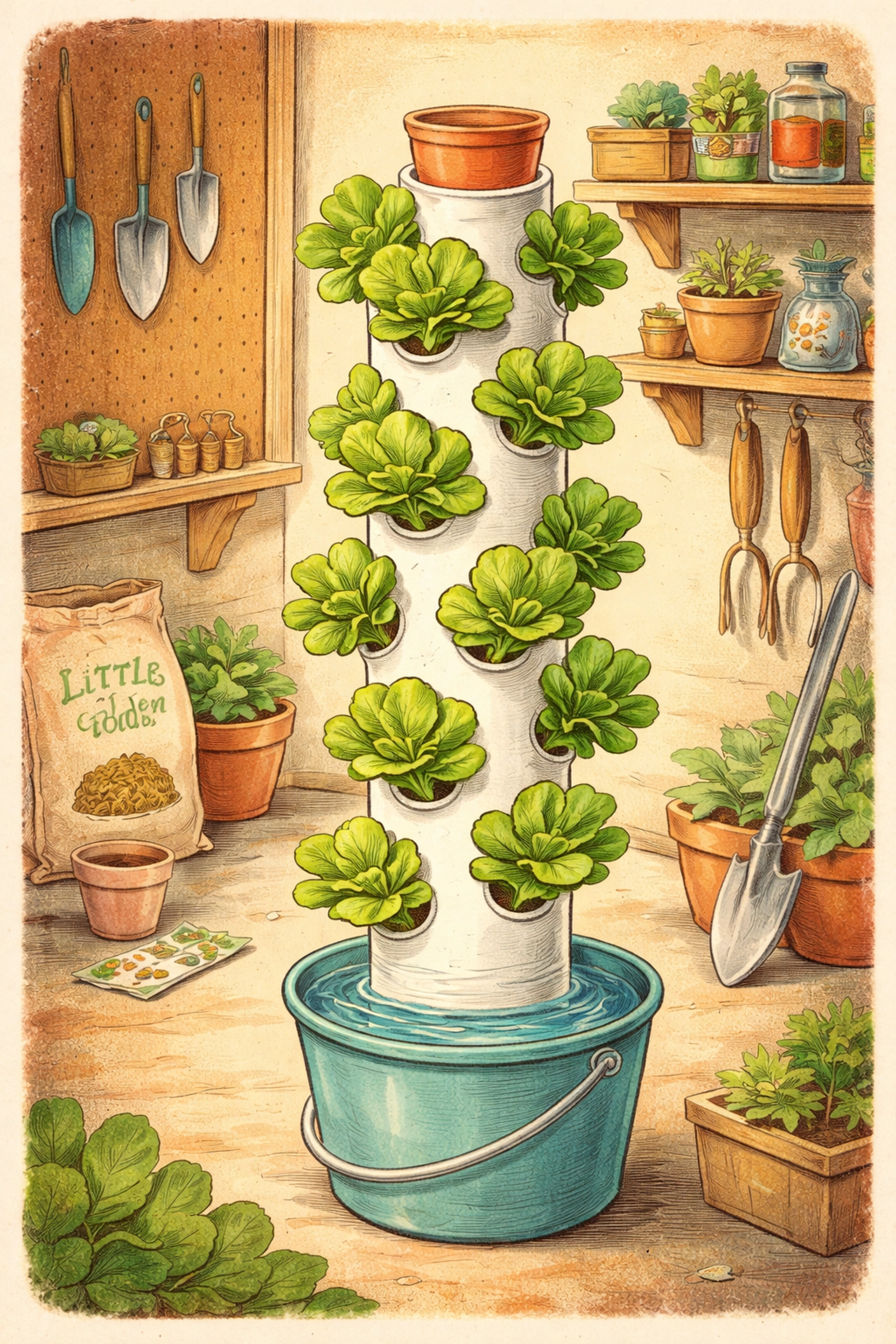 DIY PVC pipe vertical garden with thriving lettuce plants and a blue bucket base, showcasing how to build a home gravity-fed tower system.