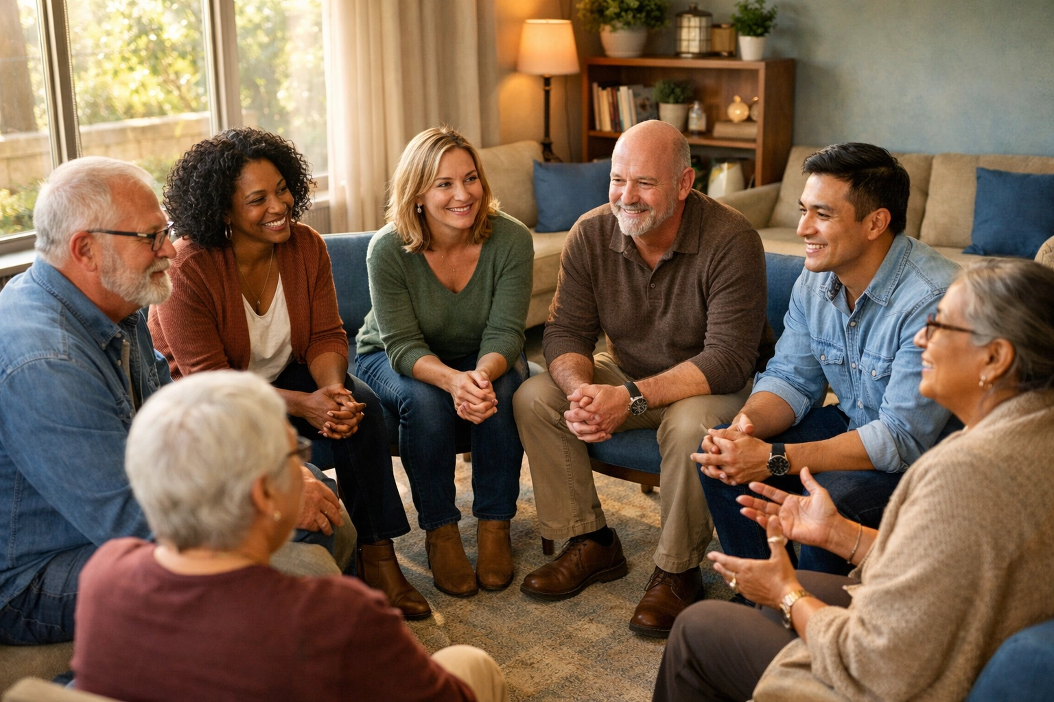 Diverse group therapy session for substance abuse treatment with adults in supportive circle