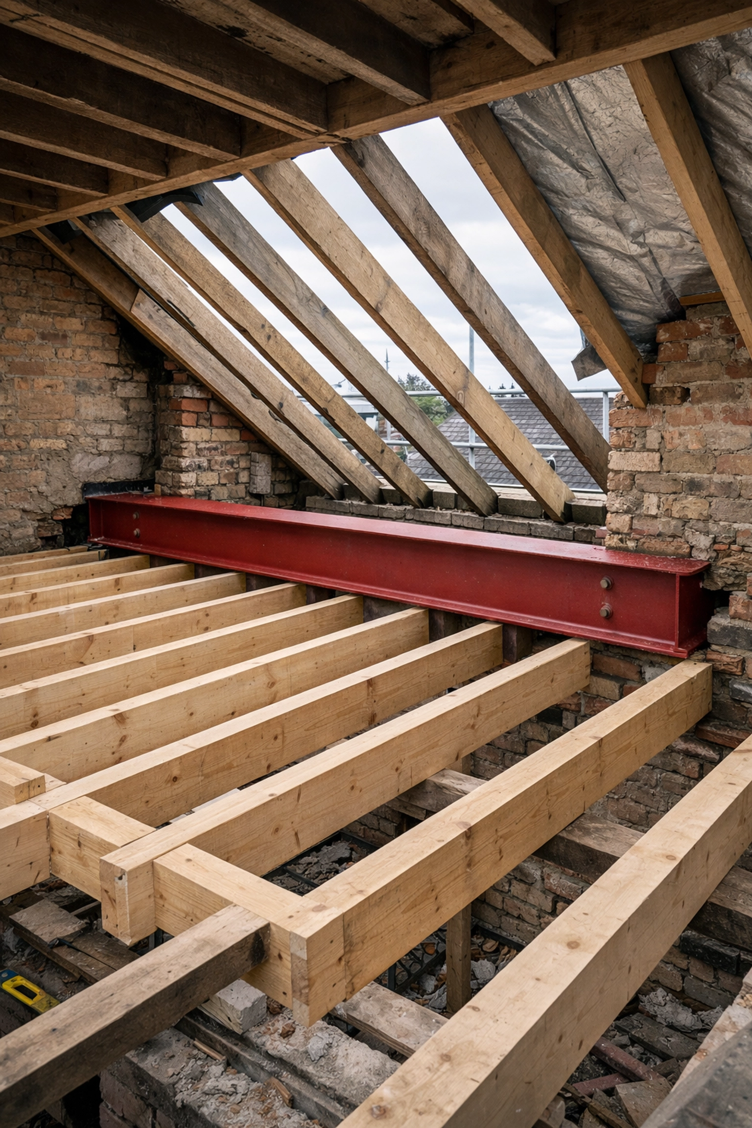 Structural phase of a Walthamstow loft conversion showing steel RSJ beams and new timber floor joists.