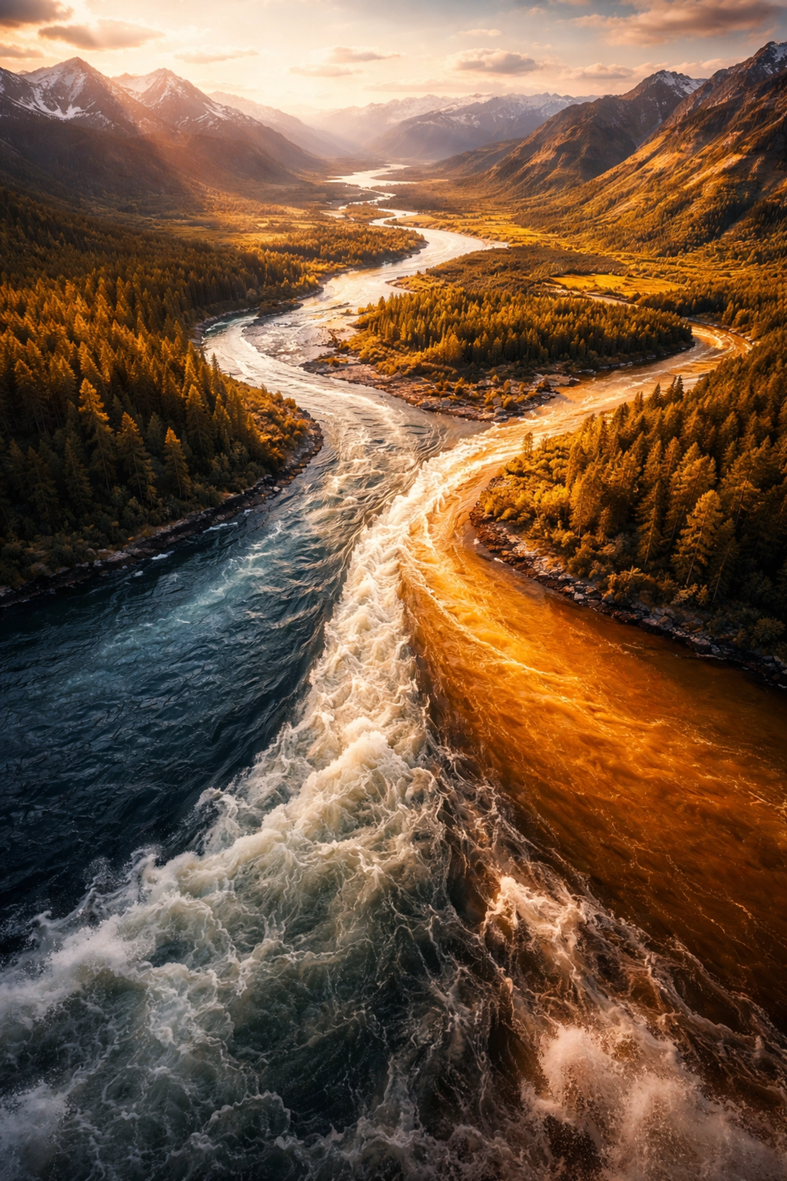 Aerial view of three rivers merging, representing diversified 40/30/30 portfolio allocations coming together.