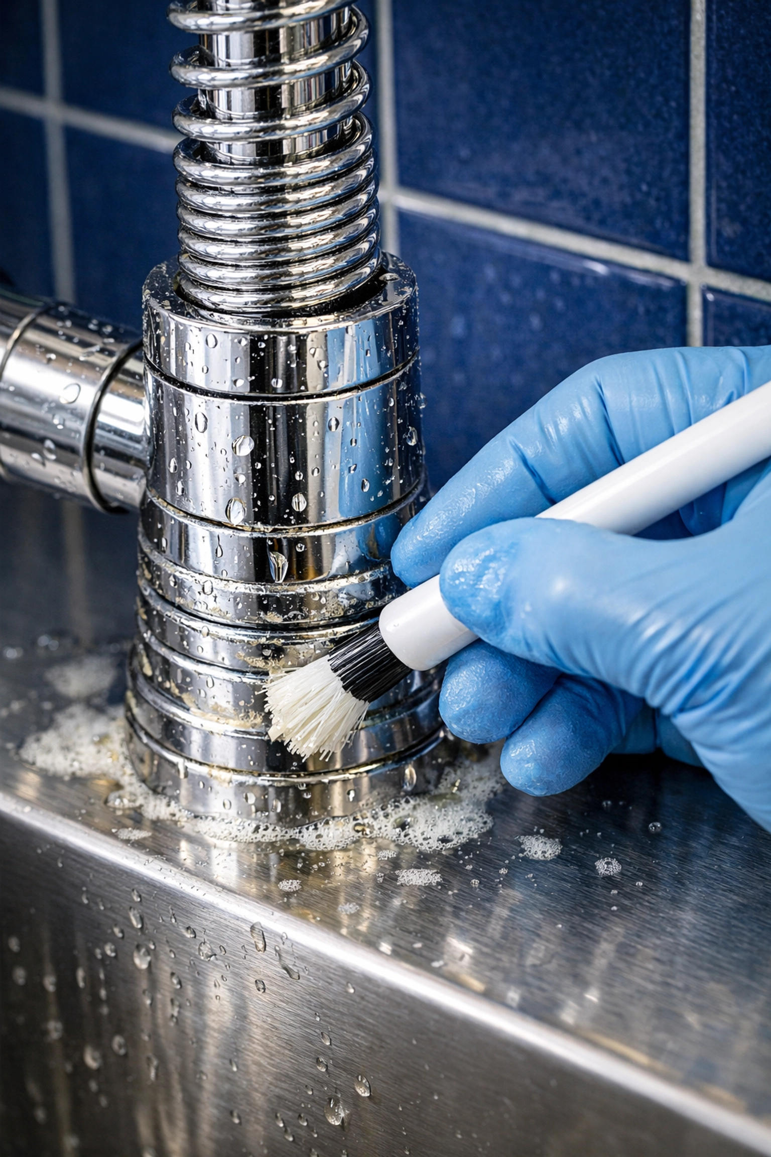 A professional detailing brush removes mineral deposits for a superior green cleaning result.