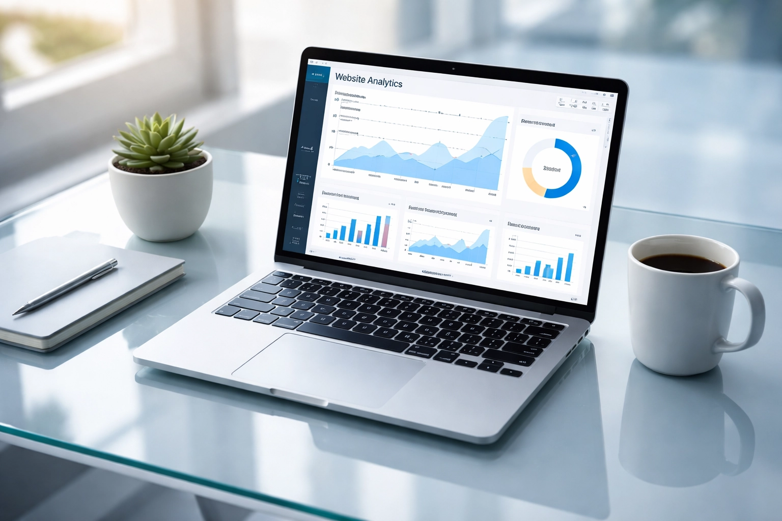 Modern office workspace with laptop displaying analytics, representing content strategy performance.