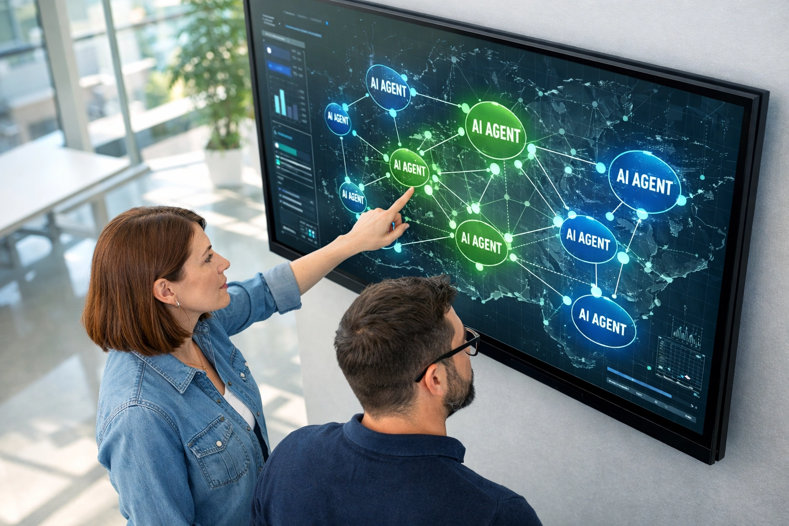 IT professionals analyzing agentic AI workflows for ServiceNow ITOM efficiency in a modern office.