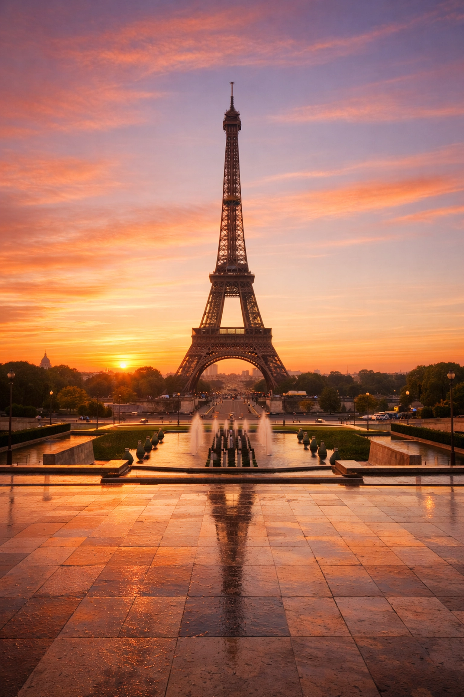 Sunrise view of the Eiffel Tower from Trocadéro, one of the best photography locations in Paris.