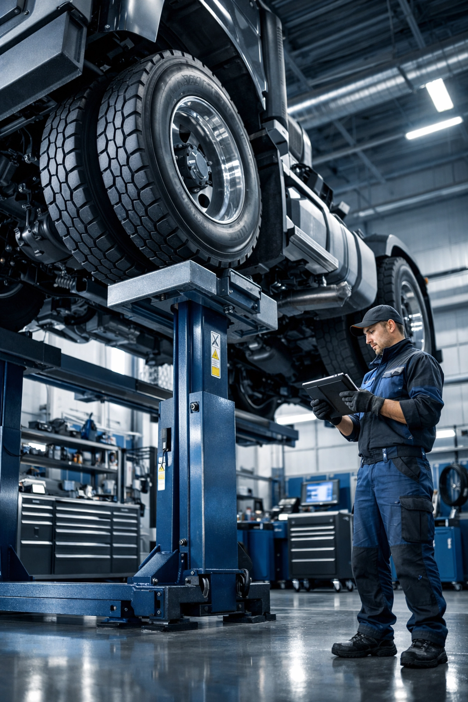 Heavy-duty truck with dual rear wheels on a lift in a modern automotive service bay for maintenance.