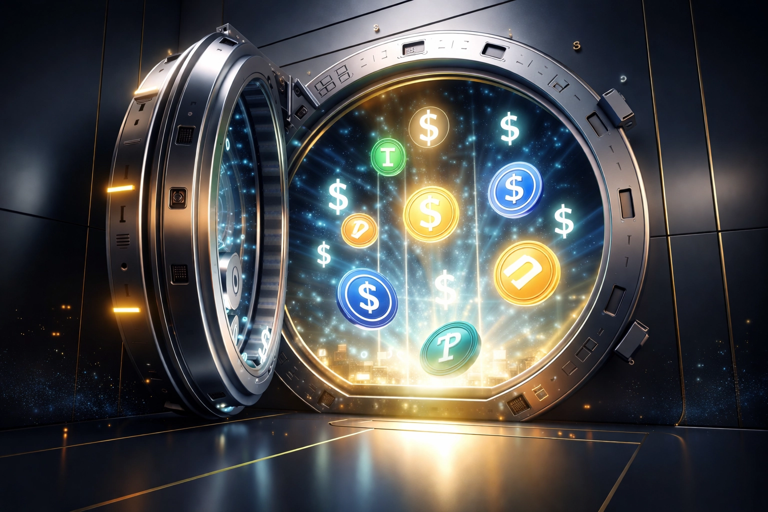 Futuristic vault with glowing crypto tokens and dollar signs represents secure self-custody and stablecoin payments with Larecoin.