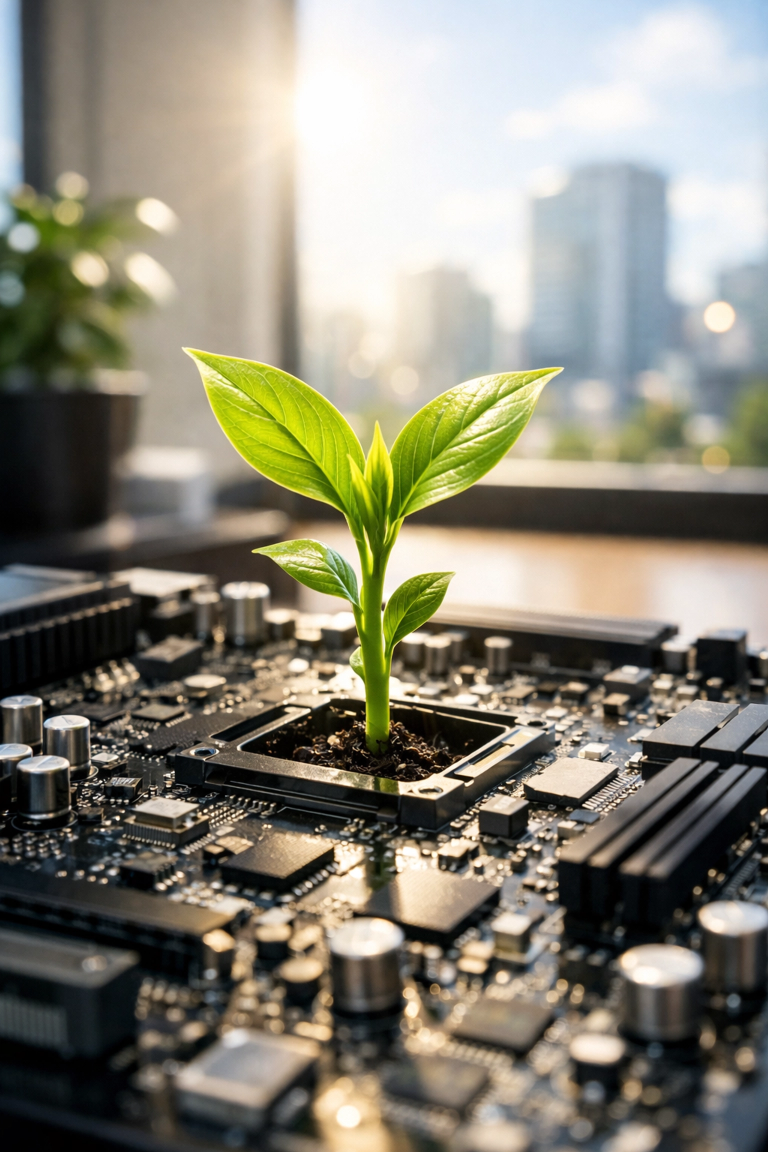 A green sprout growing from a computer motherboard, symbolizing sustainable growth and the human touch in ethical AI.