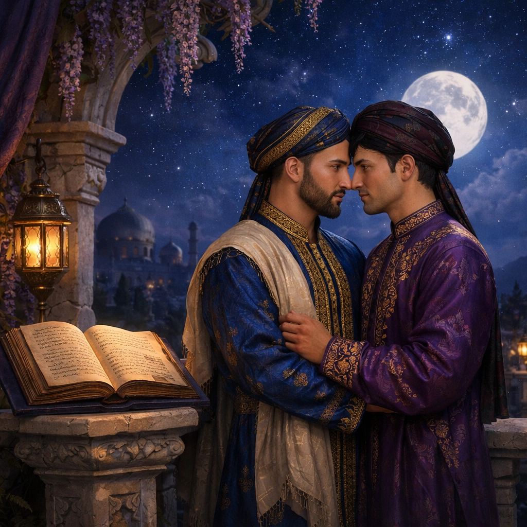 A romantic scene of two men in Afghan attire under the stars, symbolizing gay love stories and queer literature.