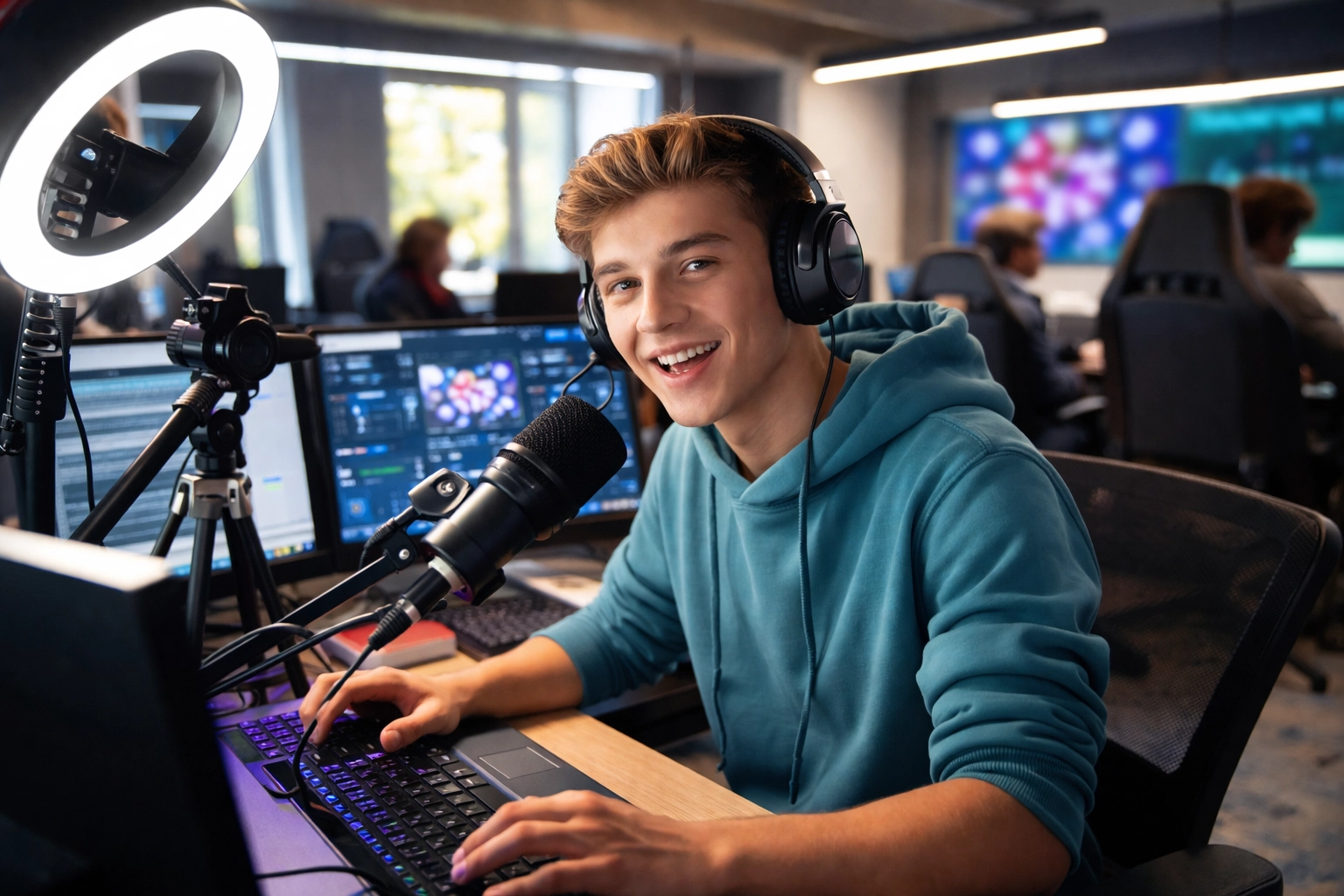 Student creating content in an educational esports pod, showing hands-on media literacy and digital career training.