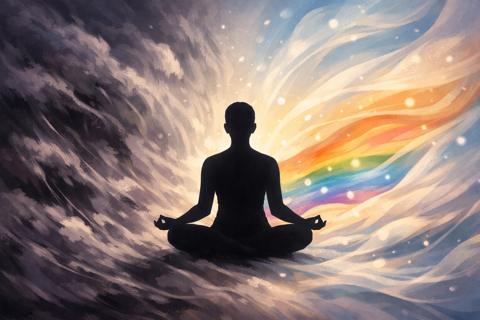 Person meditating transitioning from chaos to calm representing LGBTQ+ addiction recovery journey
