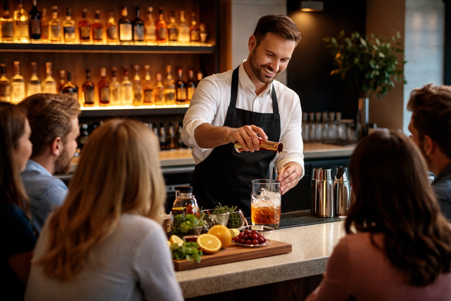 Bartender leading a cocktail masterclass while guests learn mixology techniques at a specialty drink tasting