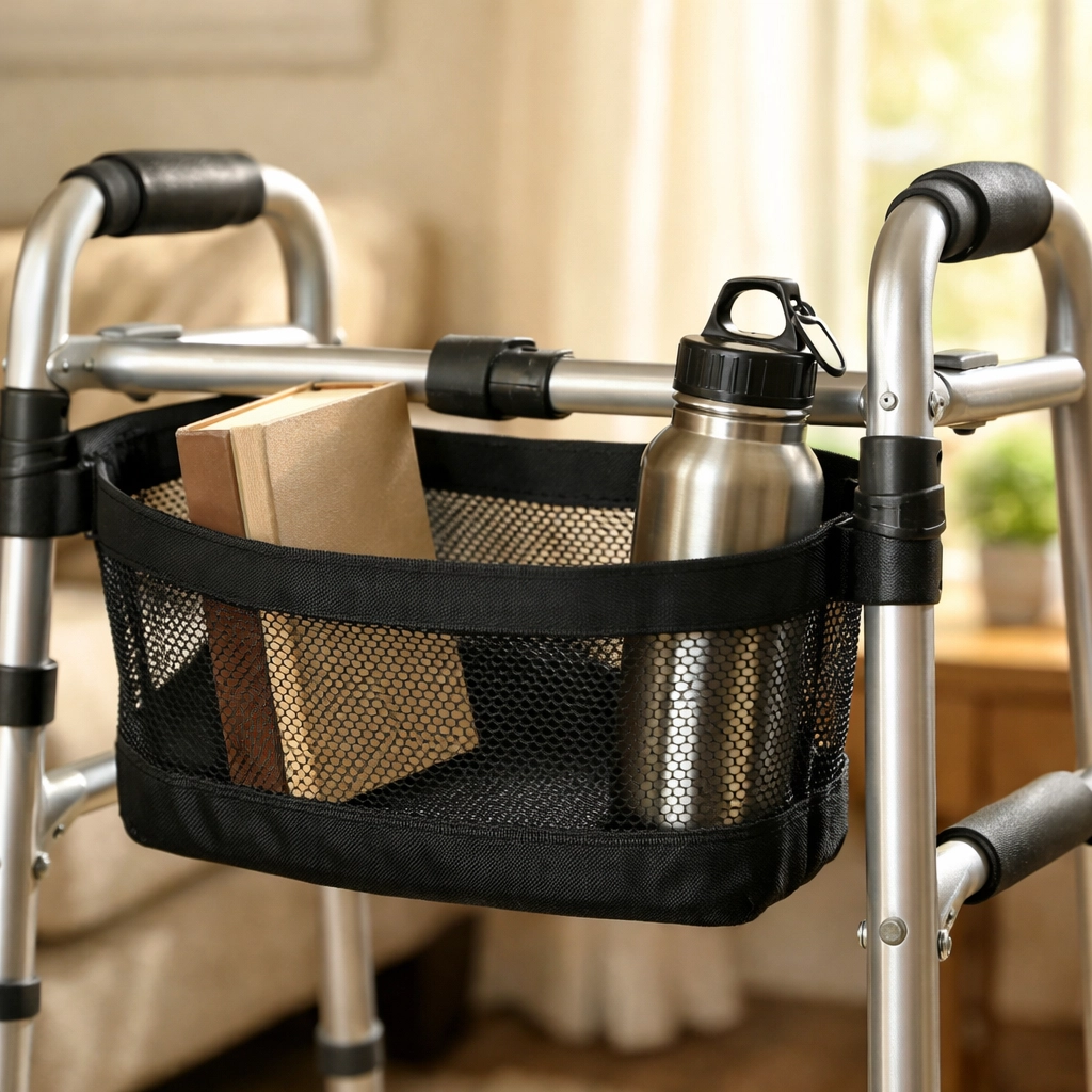 A silver walker with a center-mounted storage basket to help maintain even weight distribution and balance.