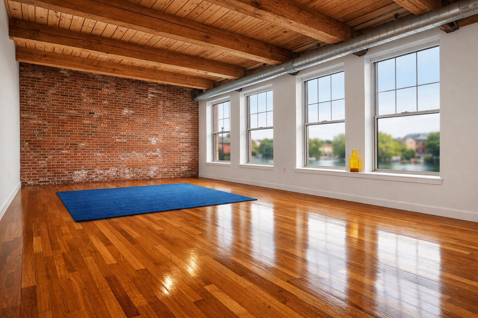 Empty industrial loft in Lowell showing spotless wood floors after move-in/move-out cleaning Lowell.
