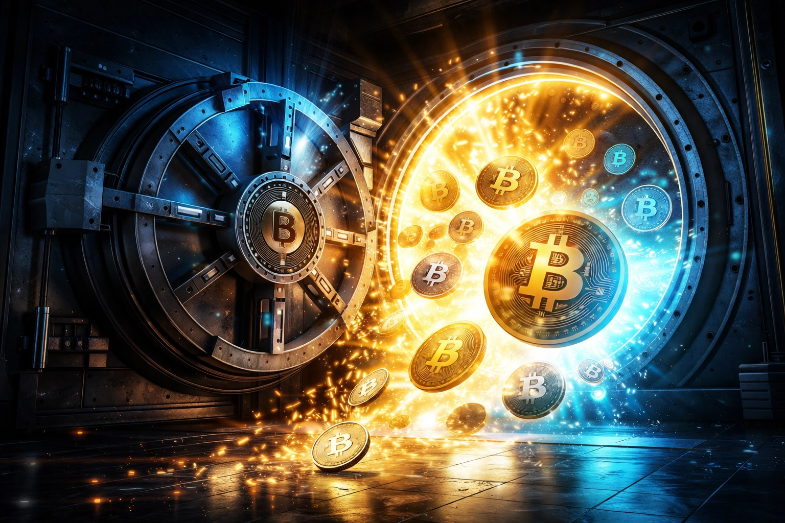 A digital vault bursts open with cryptocurrency tokens, symbolizing financial freedom and self-custody in crypto POS systems.