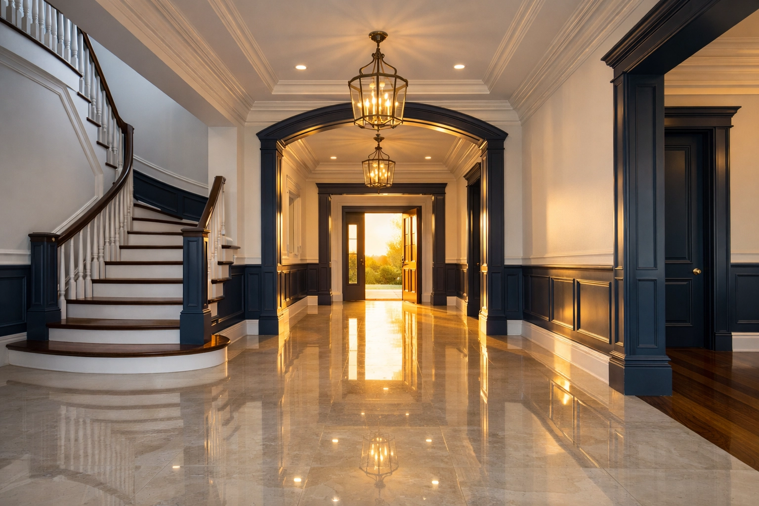 Gleaming hardwood floors in a Massachusetts foyer after professional move-in cleaning services.