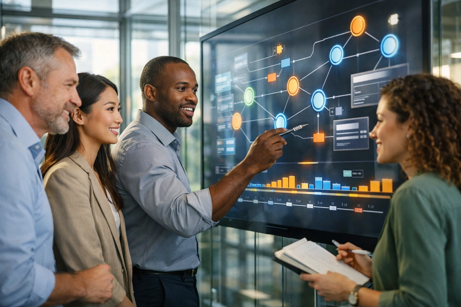 Business team collaborating on strategic communication workflow for media portfolio companies