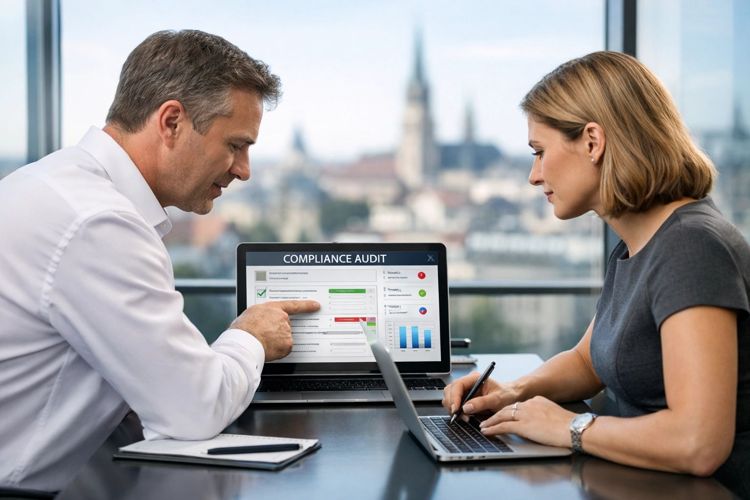 ServiceNow consulting services specialists performing a compliance audit for EU data security and regulations.