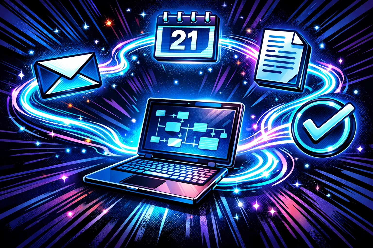 Automated workflow connecting laptop to business tasks like email, calendar, and documents
