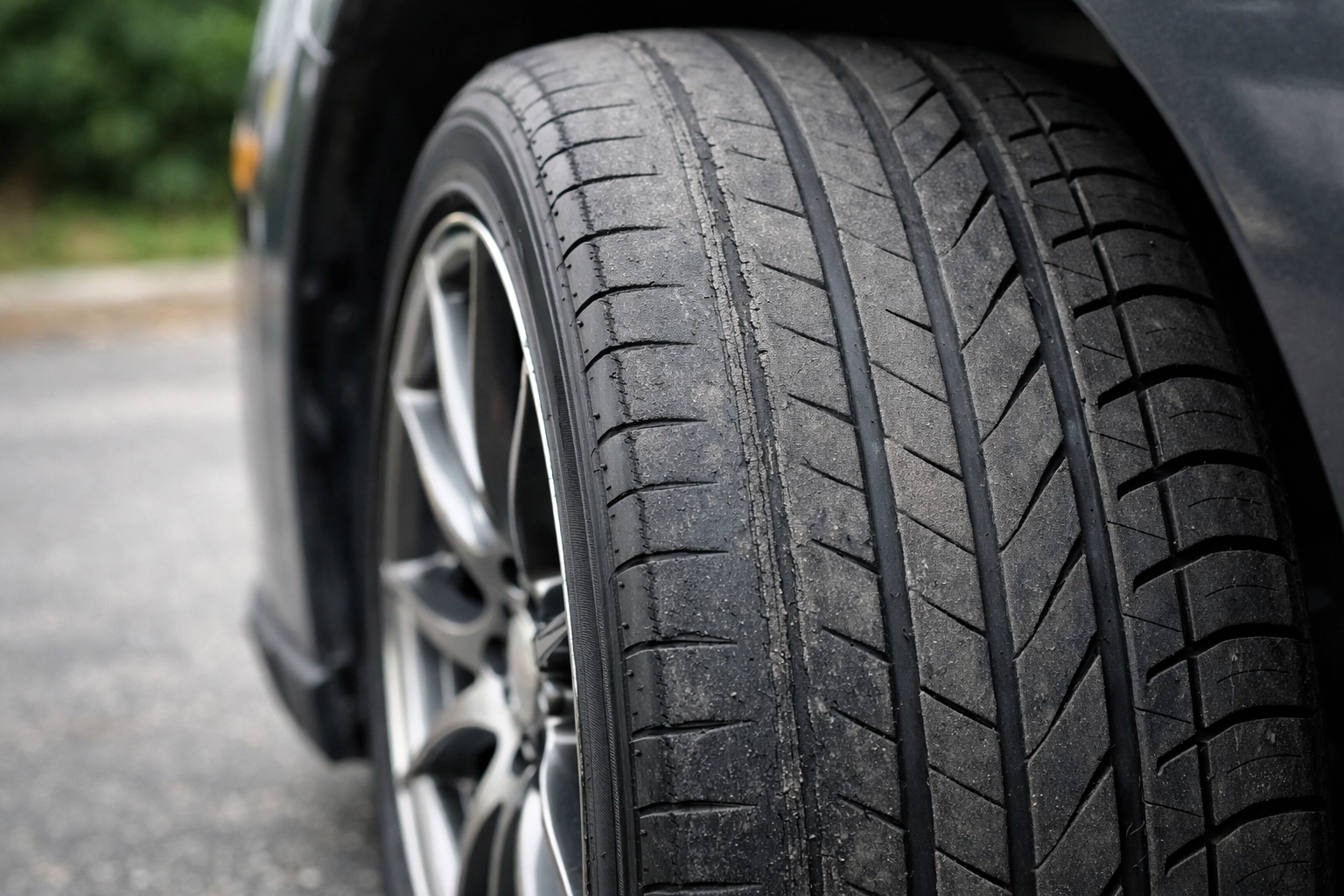 Car tire showing uneven tread wear