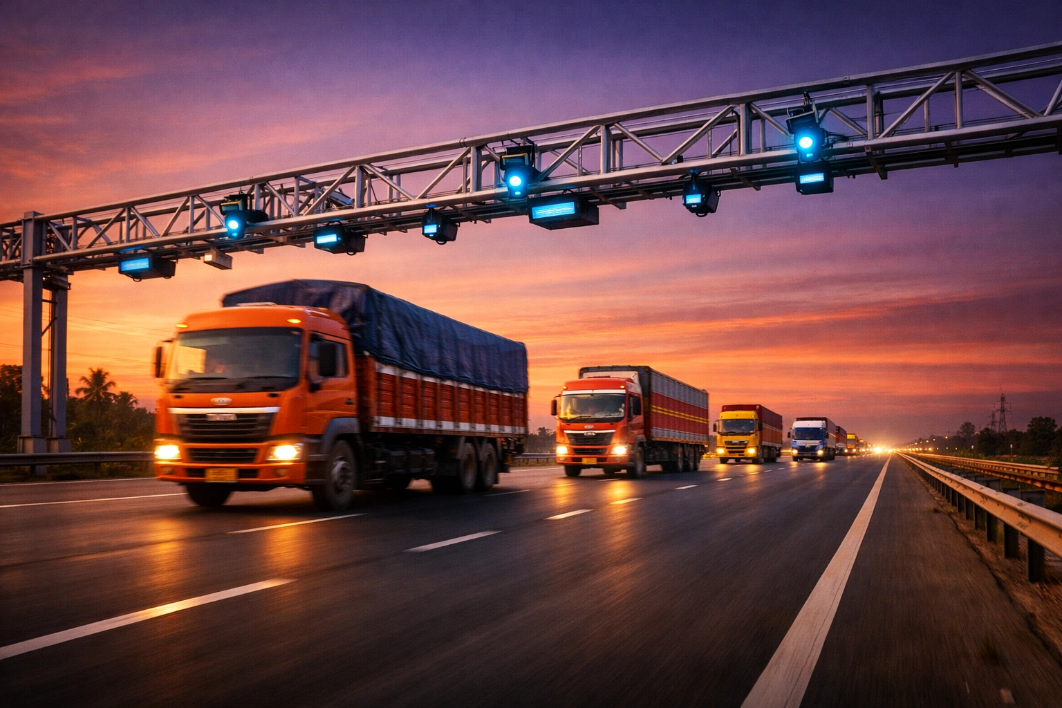 High-speed commercial trucks passing under a gantry with India’s new digital toll system sensors.