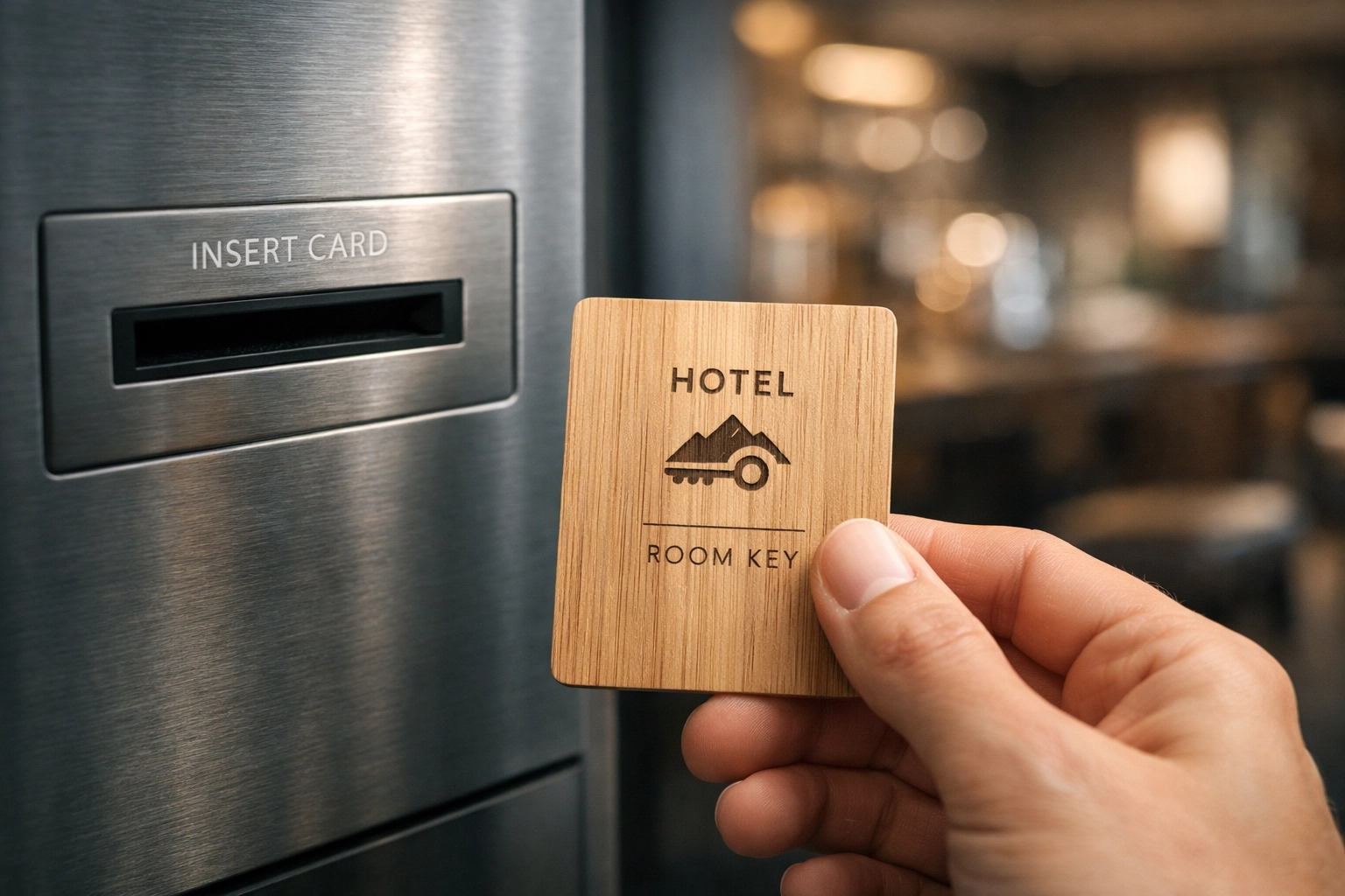 Close-up of a guest holding a sustainable wooden key card dispensed by a modern hotel self-check-in kiosk.