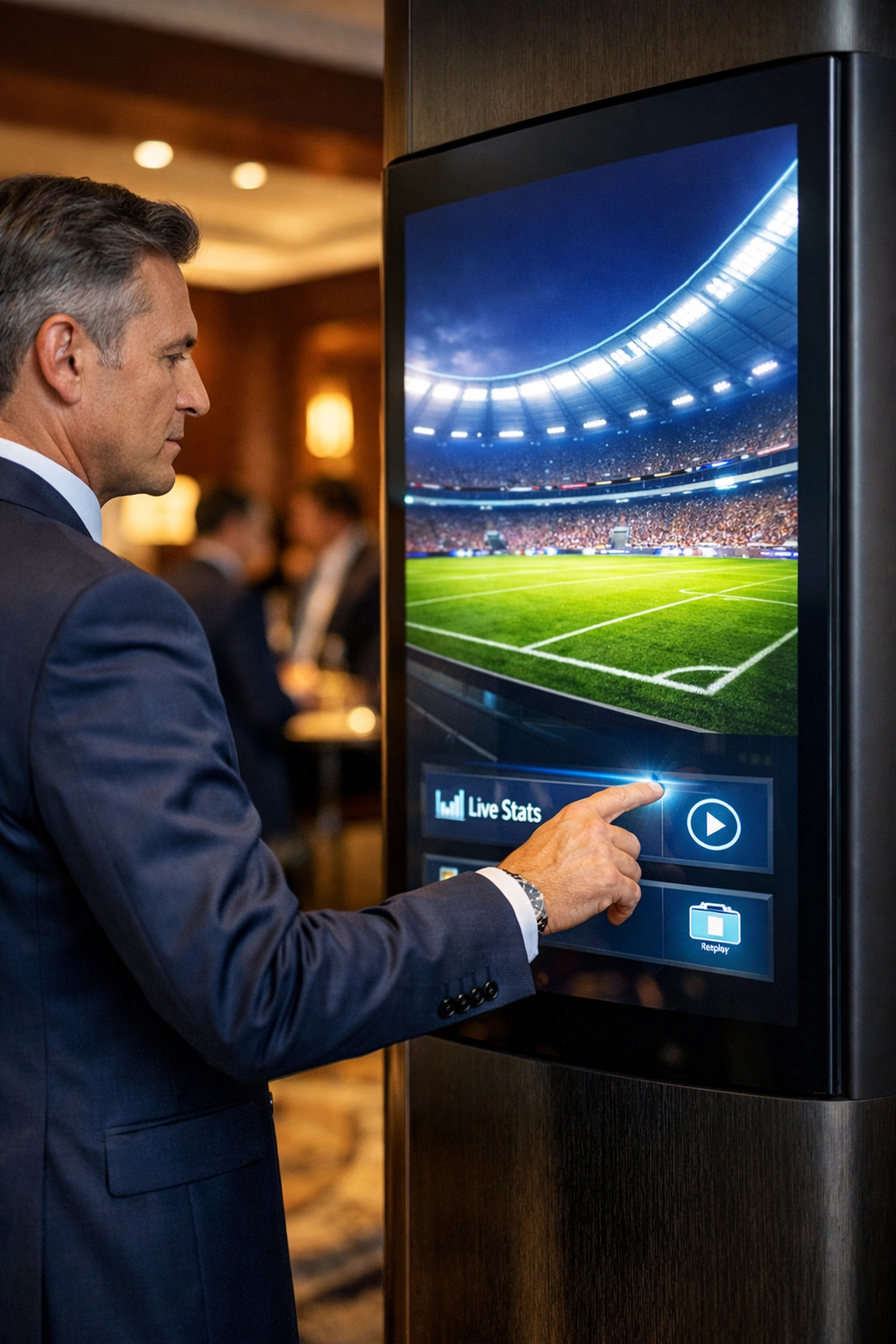 Super Bowl Branding Blitz: 20 Creative Ideas to Get You Started Business executive interacting with a digital touch-screen display in a luxury VIP corporate hospitality lounge.
