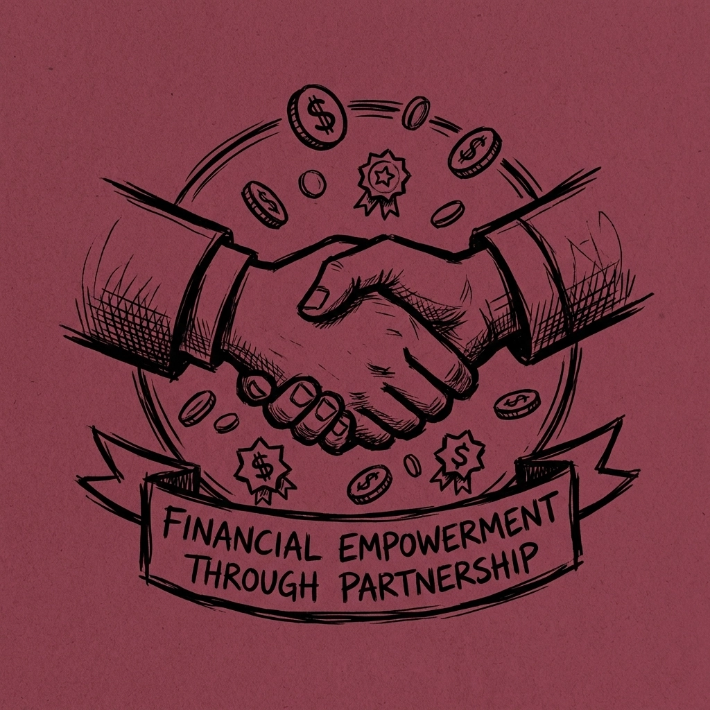 Two hands meet in a handshake with coins around them, symbolizing collaborative rewards and financial empowerment for creatives.