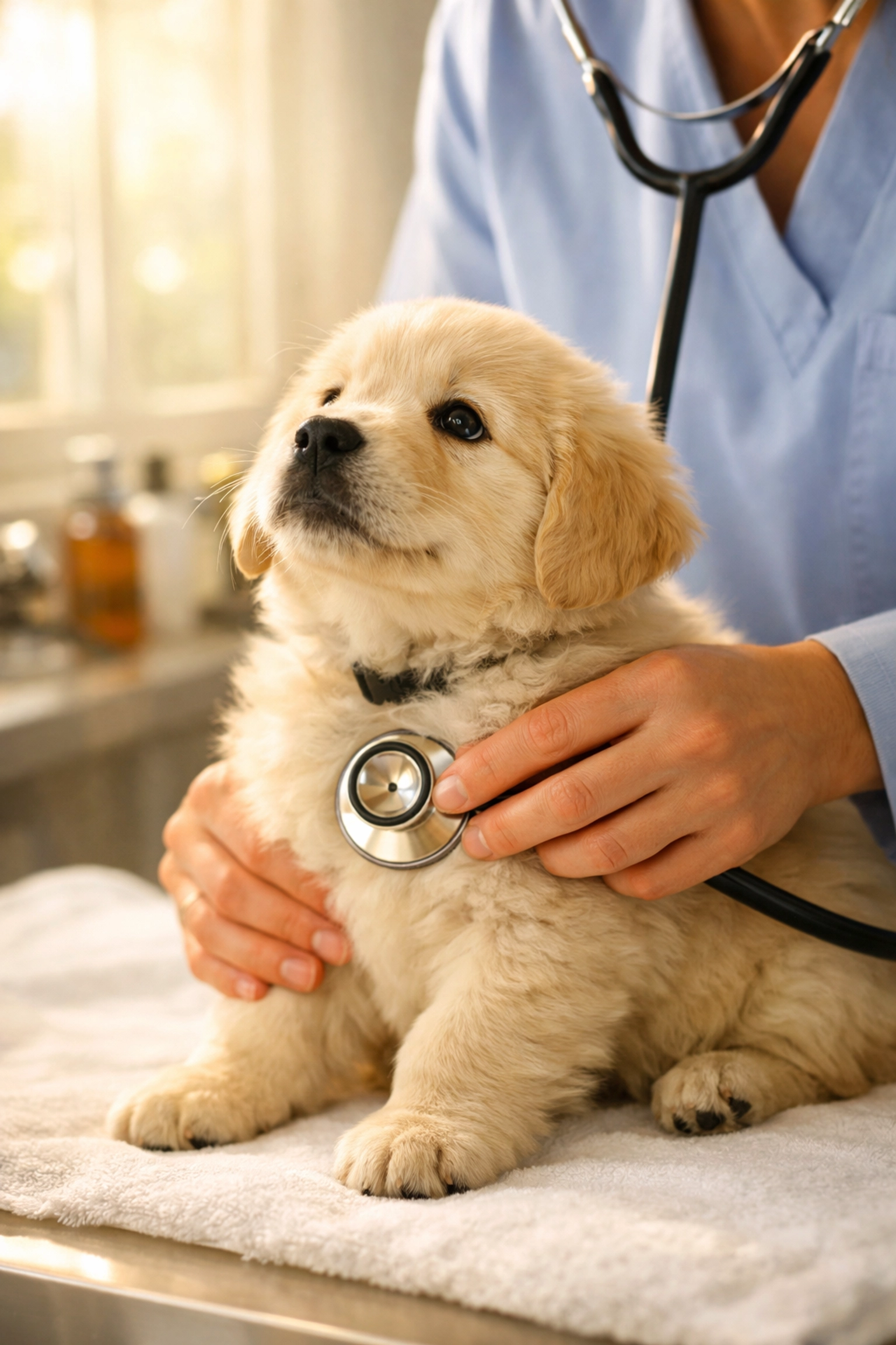 Veterinarian examining Golden Retriever puppy during health check
