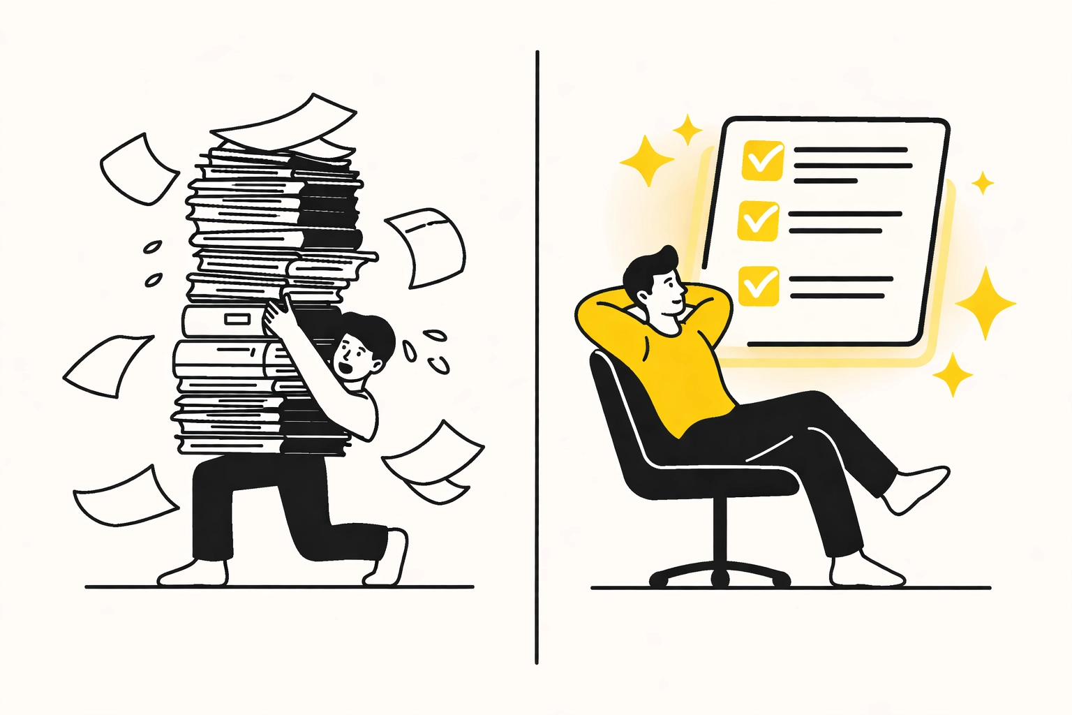 Before-and-after of manual vs automated onboarding, showing HRIS time savings for small businesses