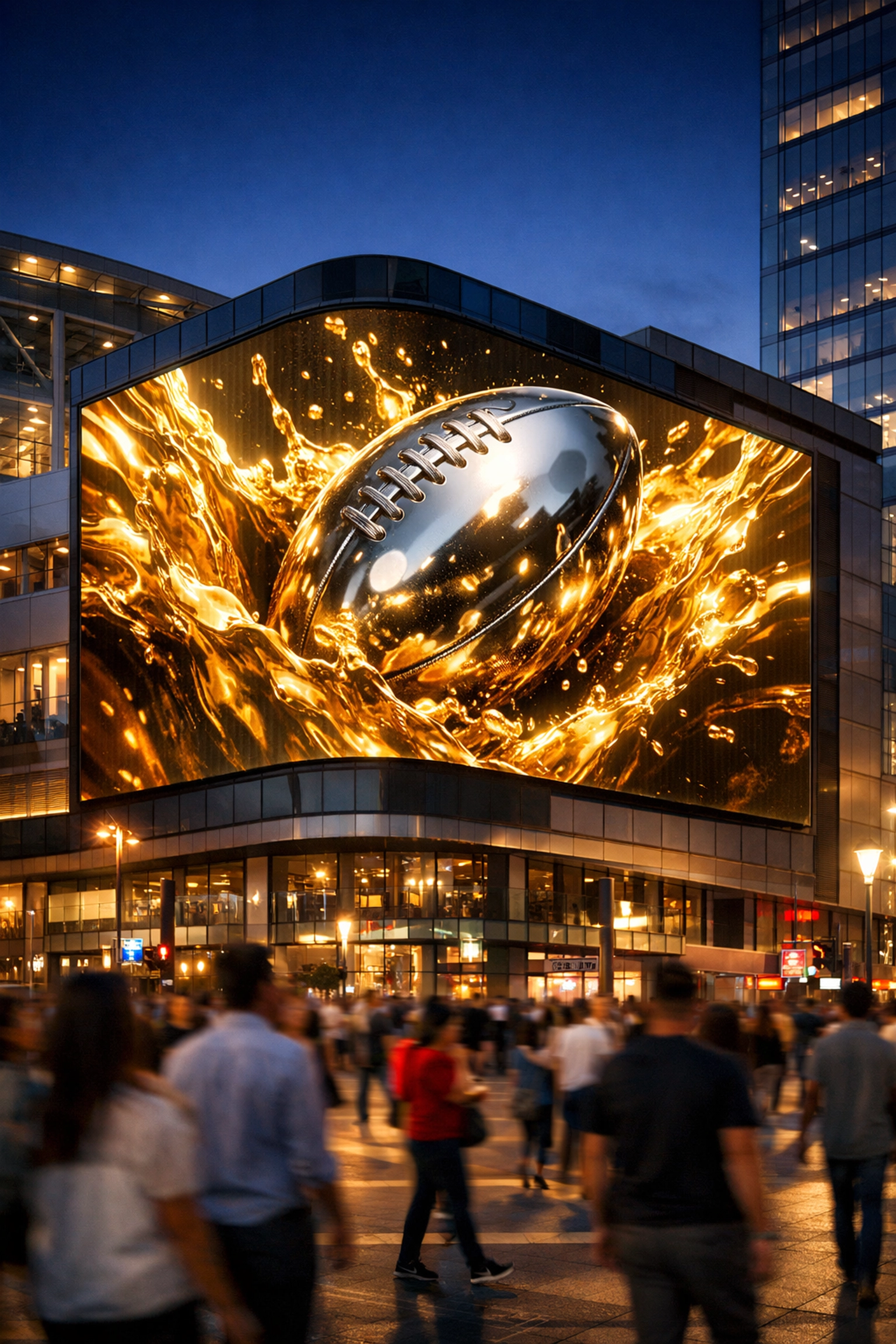 Large 3D digital billboard displaying dynamic sports advertising in a modern urban stadium district.