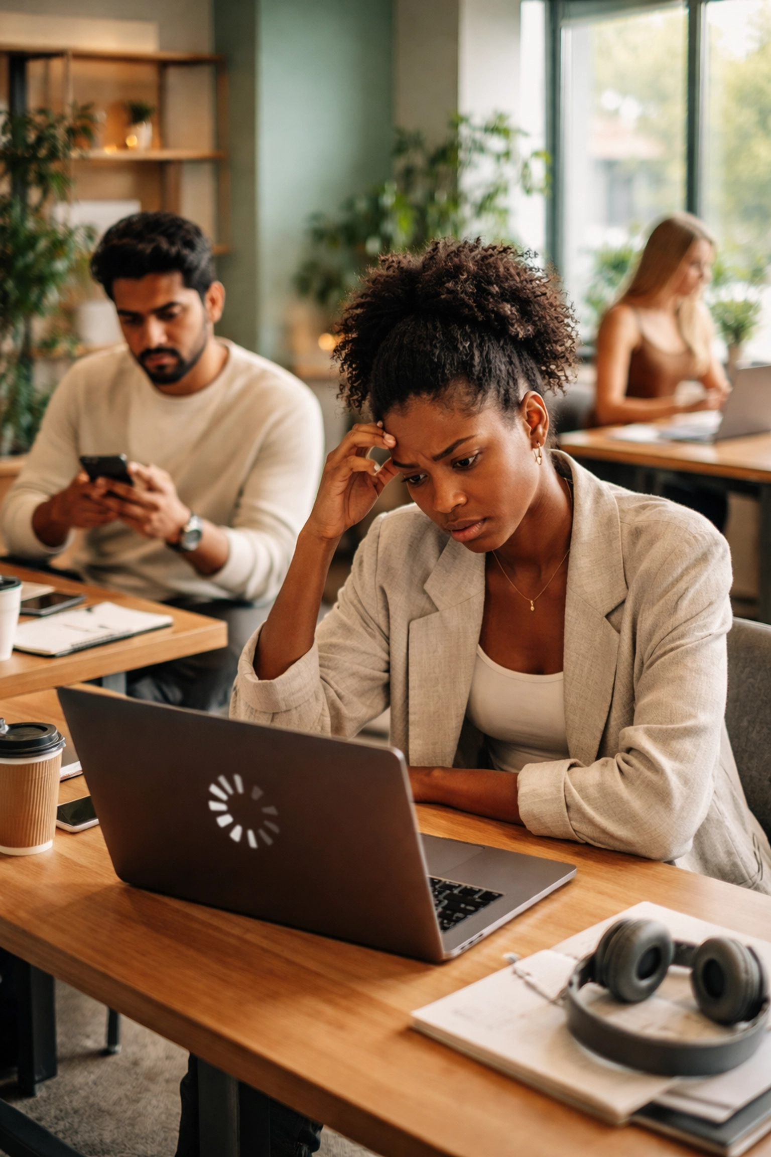 Diverse international freelancers in a co-working space frustrated by slow global payroll delays