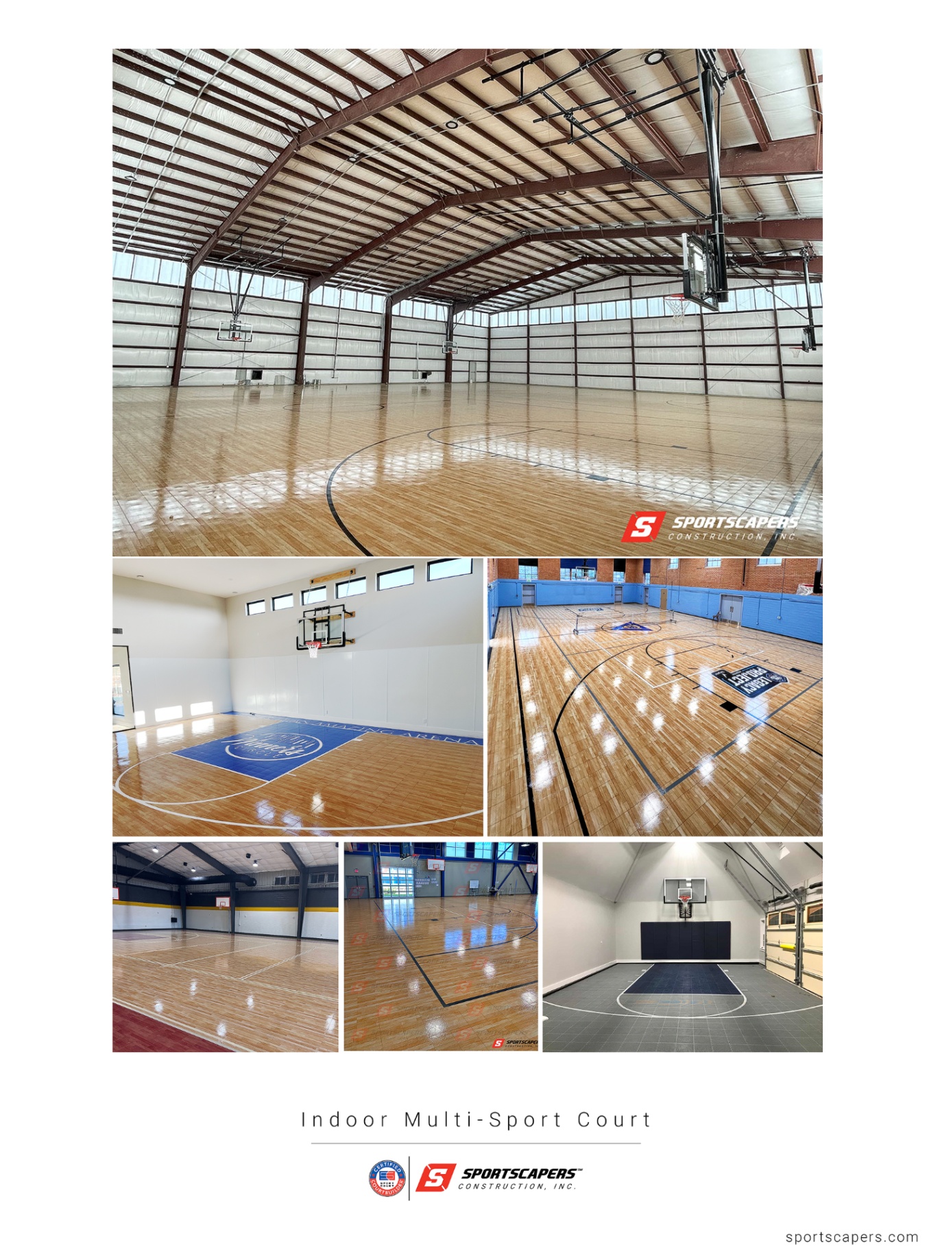 Collage of completed indoor multi-sport courts featuring high-quality hardwood and synthetic flooring