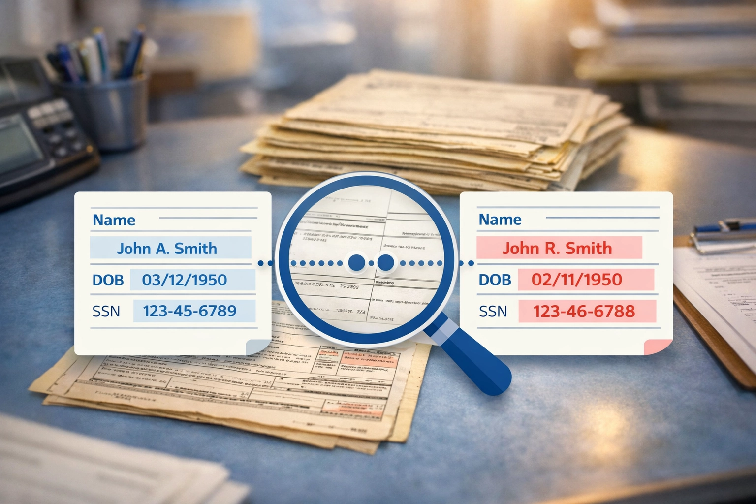 Admissions desk with aged DD214 documents showing mismatched data fields during manual verification review