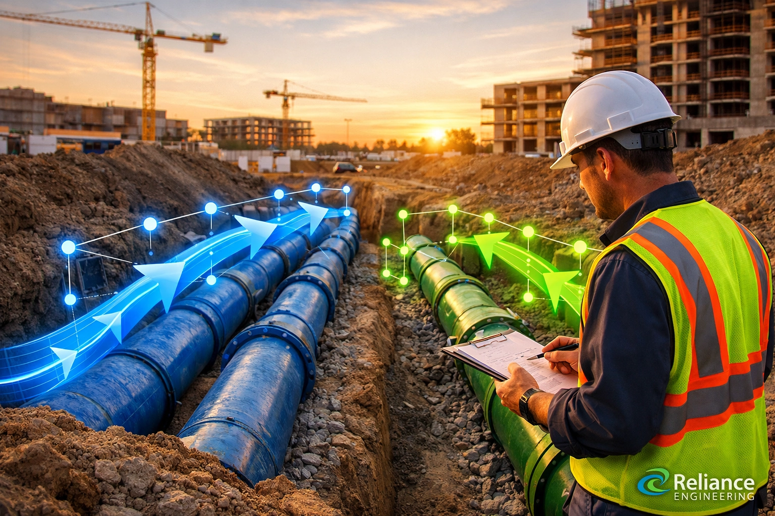 Civil engineer inspecting sanitary sewer and water pipe installation on an Ontario construction site.