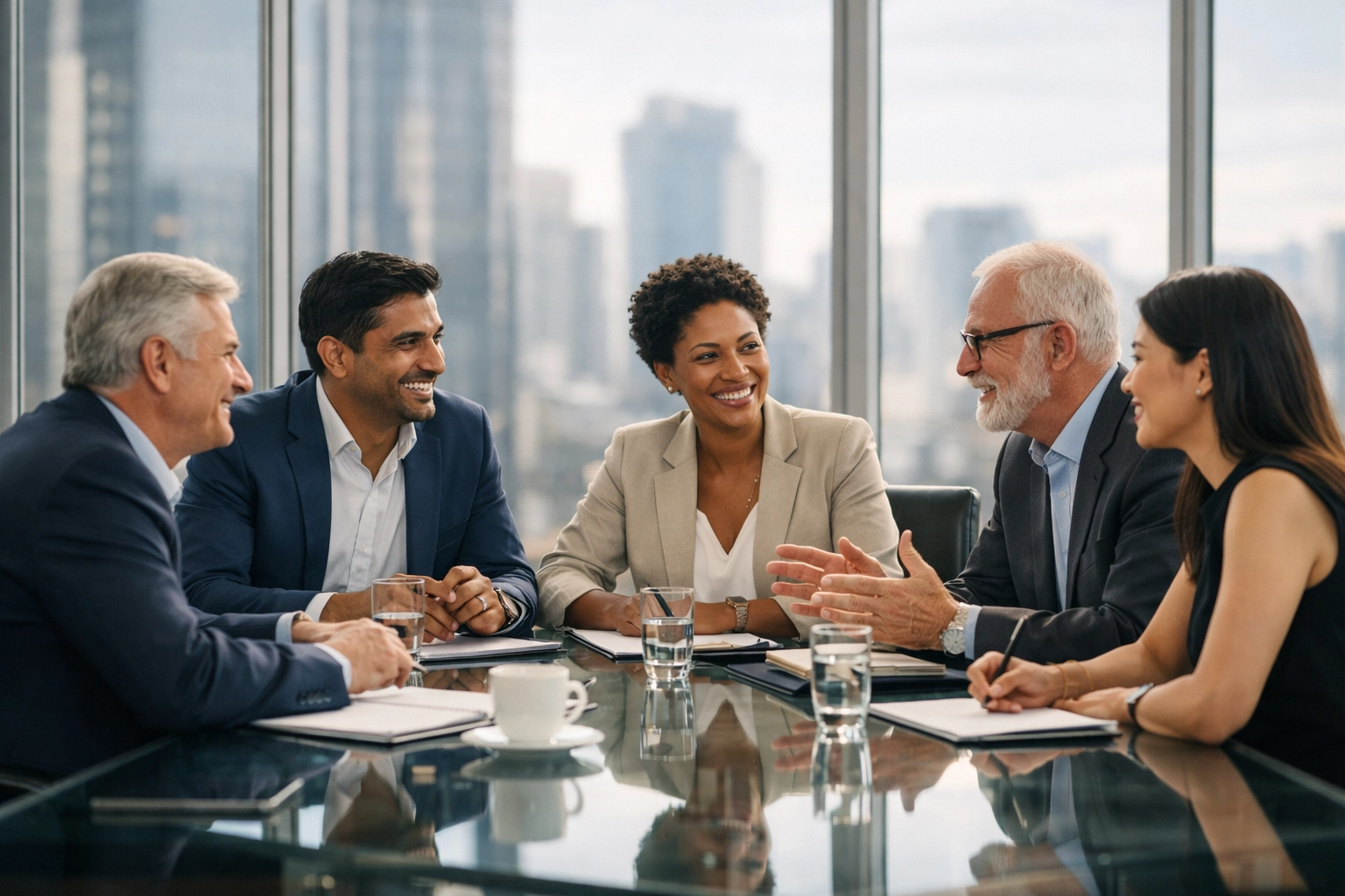 Diverse corporate executives discussing ESG-driven media solutions and global brand trust in a boardroom.