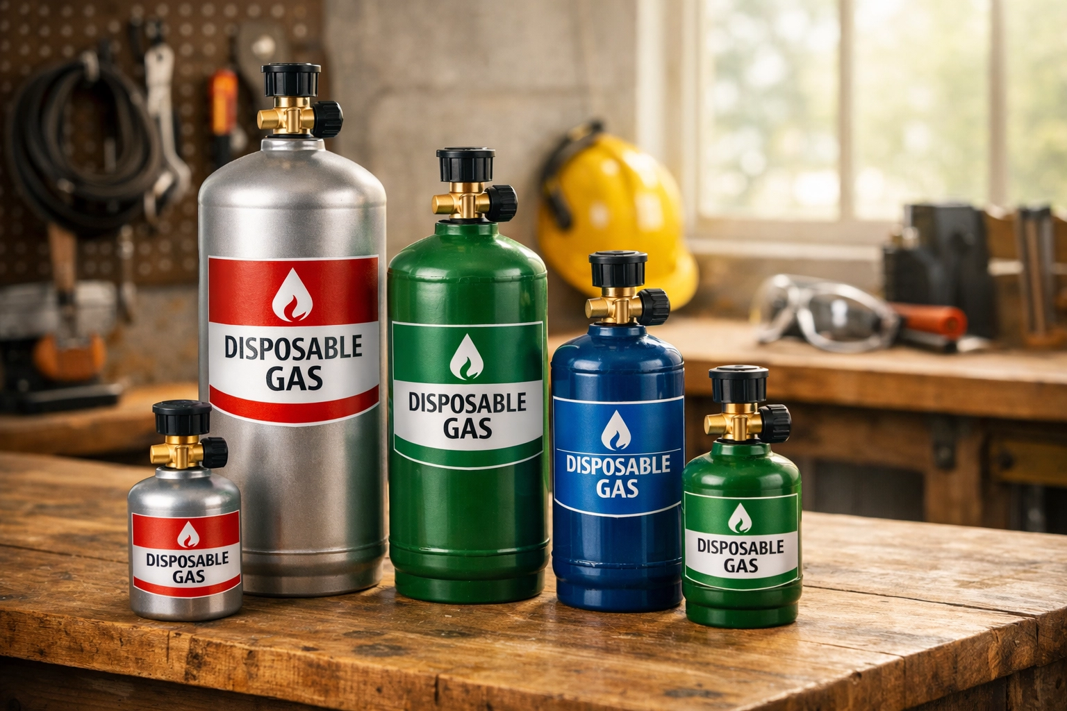 Various sized disposable gas bottles and cylinders arranged on workshop workbench in UK