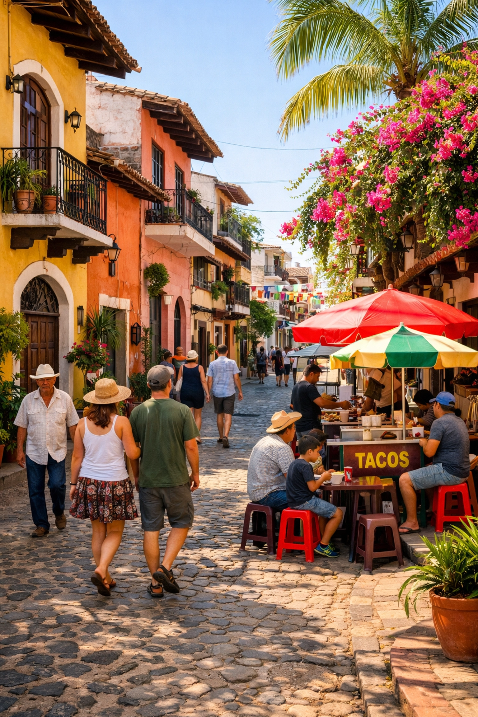 Colorful cobblestone street in Zona Romantica Puerto Vallarta with local shops