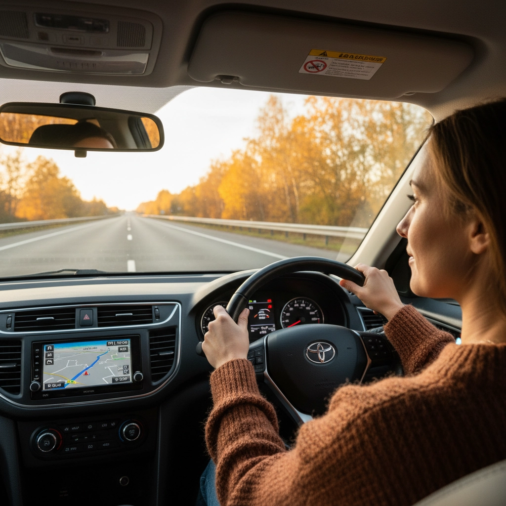 Picture of a woman driving her car (European - the steering wheel is on the right side) down a highway lined with colorful trees. Thanksgiving Travel Survival Guide: Navigating Drama Like a Pro