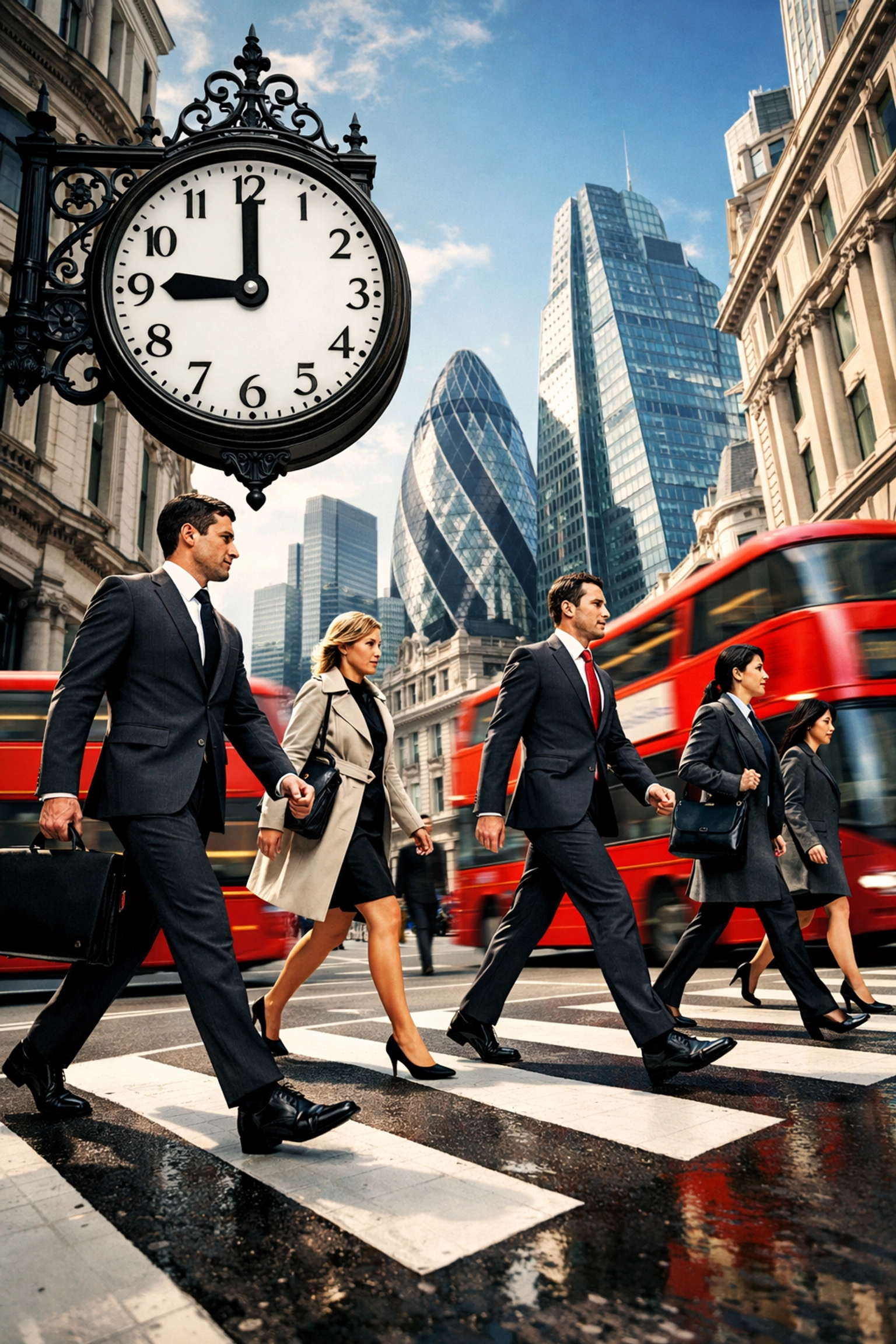 Business professionals in the London financial district walking past a traditional street clock at 9:00 AM sharp.