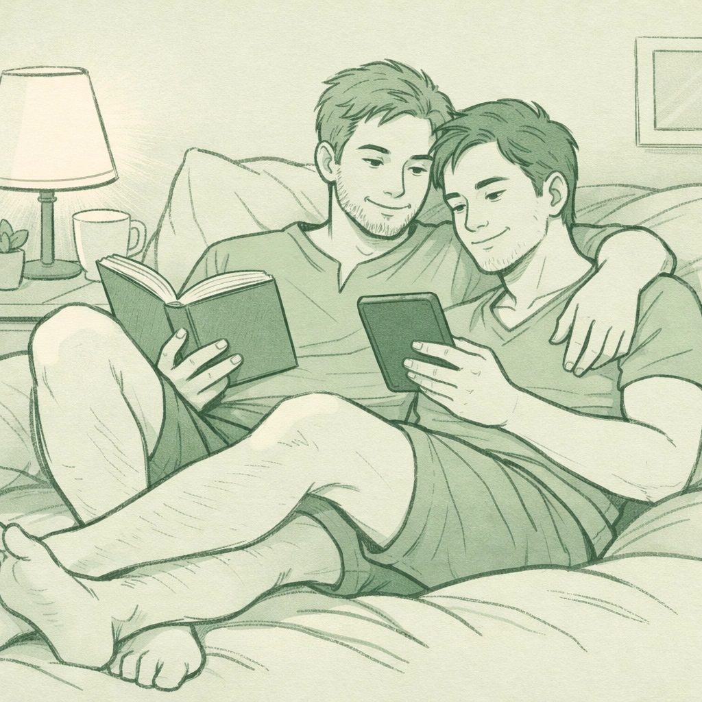 Couple reading MM romance books together illustrating emotional connection through queer fiction