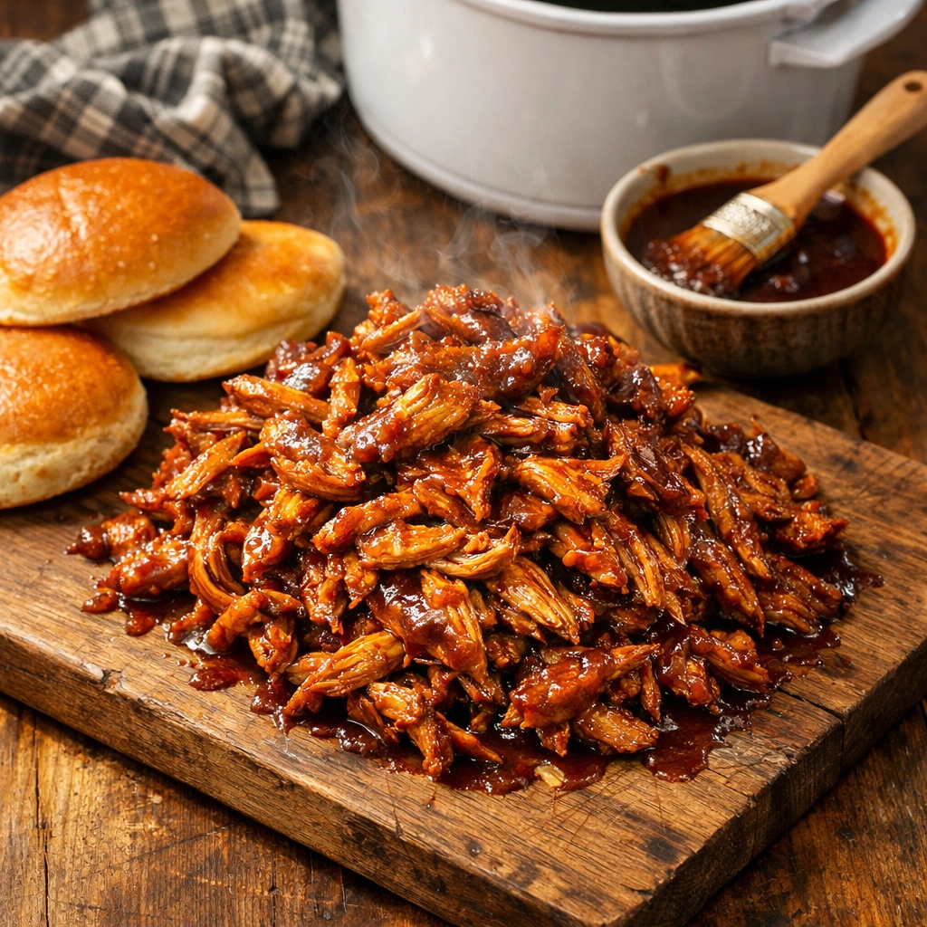 5-ingredient slow cooker BBQ pulled chicken ready to serve with buns