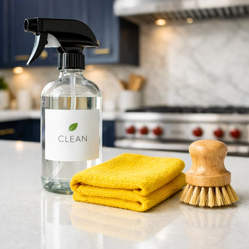 Eco-friendly residential cleaning Massachusetts supplies on a pristine luxury kitchen island.